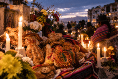 Ofrenda andina entre velas y flores