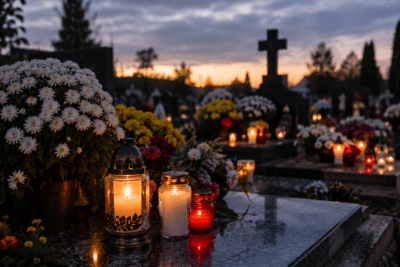 Velas y crisantemos al anochecer en cementerio francés