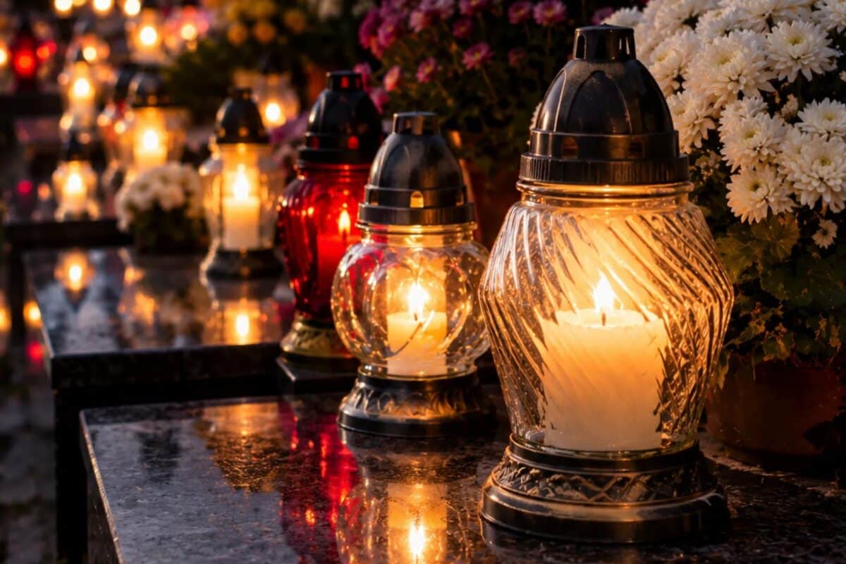 velas y flores al anochecer en cementerio polaco